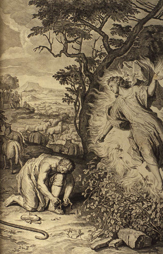 &ldquo;Figures 047 The Lord Appears to Moses in a Burning Bush&rdquo; by illustrators of the 1728 Figures de la Bible, Gerard Hoet (1648–1733) and others, published by P. de Hondt in The Hague in 1728 - http://www.mythfolklore.net/lahaye/047/LaHaye1728Figures047ExodIII2-10BurningBush.jpg. Licensed under Public Domain via Wikimedia Commons - https://commons.wikimedia.org/wiki/File:Figures_047_The_Lord_Appears_to_Moses_in_a_Burning_Bush.jpg#/media/File:Figures_047_The_Lord_Appears_to_Moses_in_a_Burning_Bush.jpg