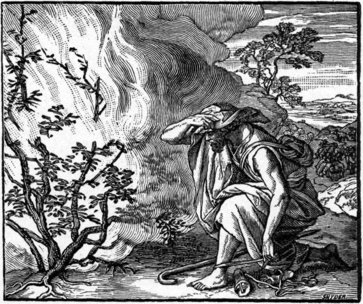 &ldquo;Foster Bible Pictures 0060-1 Moses Sees a Fire Burning in a Bush&rdquo; by Illustrators of the 1897 Bible Pictures and What They Teach Us by Charles Foster - http://associate.com/photos/Bible-Pictures&ndash;1897-W-A-Foster/page-0060-1.jpg. Licensed under Public Domain via Wikimedia Commons - https://commons.wikimedia.org/wiki/File:Foster_Bible_Pictures_0060-1_Moses_Sees_a_Fire_Burning_in_a_Bush.jpg#/media/File:Foster_Bible_Pictures_0060-1_Moses_Sees_a_Fire_Burning_in_a_Bush.jpg